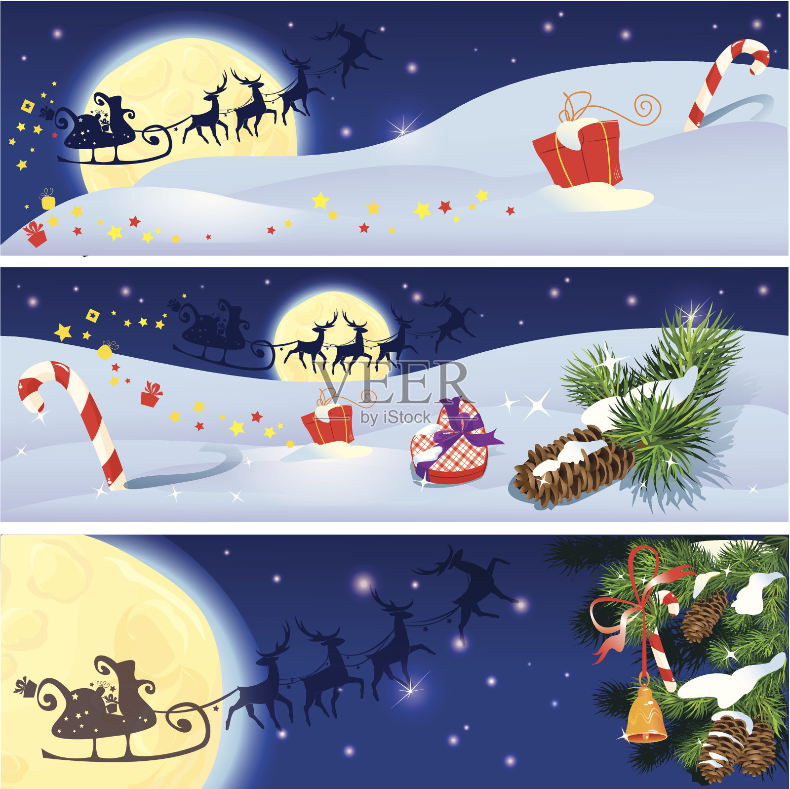 一套圣诞和新年水平横幅驯鹿插画图片素材