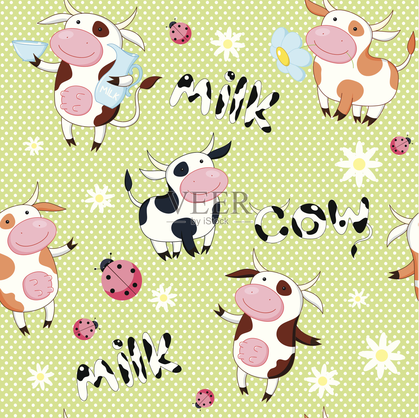 矢量无缝背景与可爱的奶牛插画图片素材