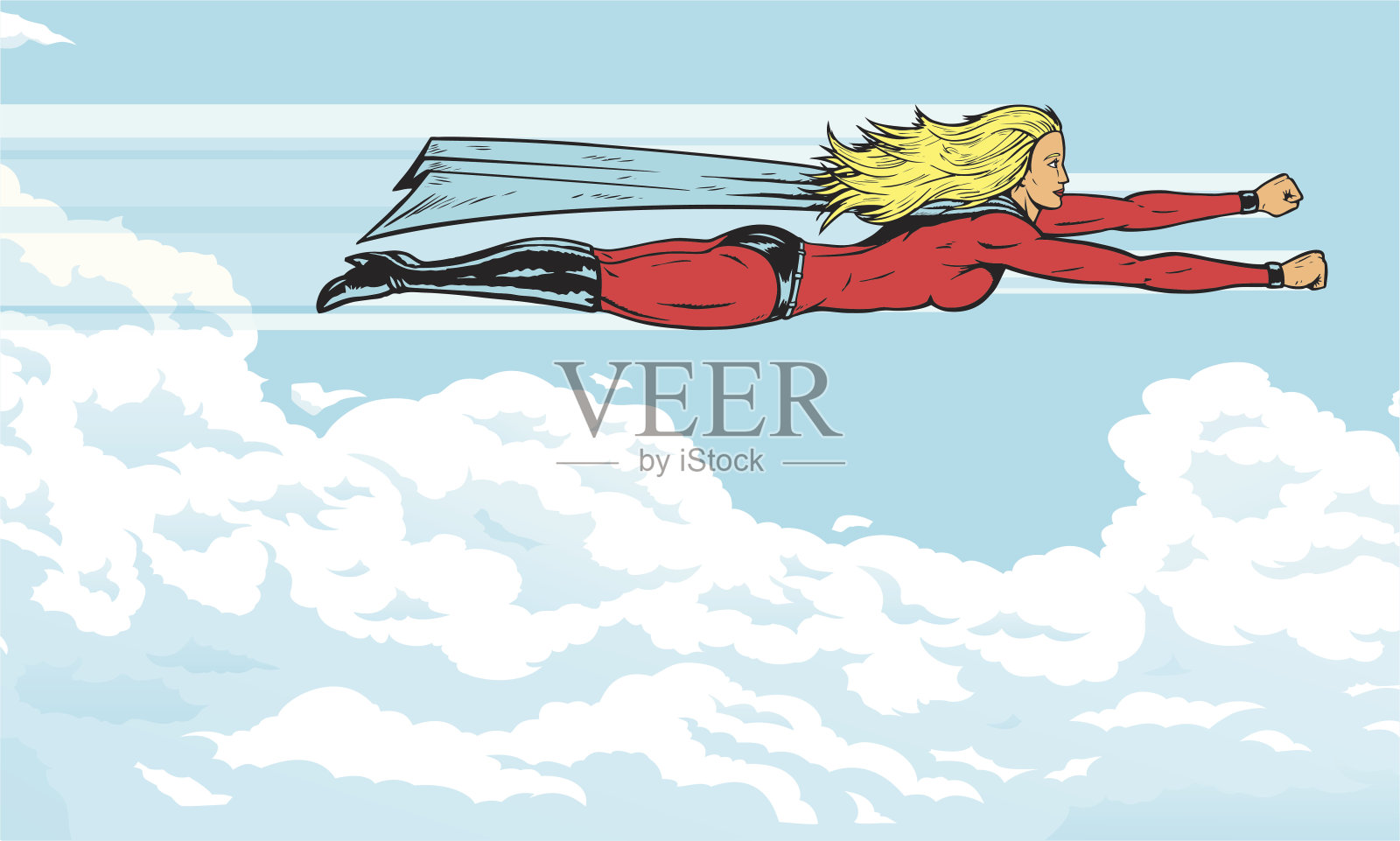 超级女英雄在云端飞翔插画图片素材