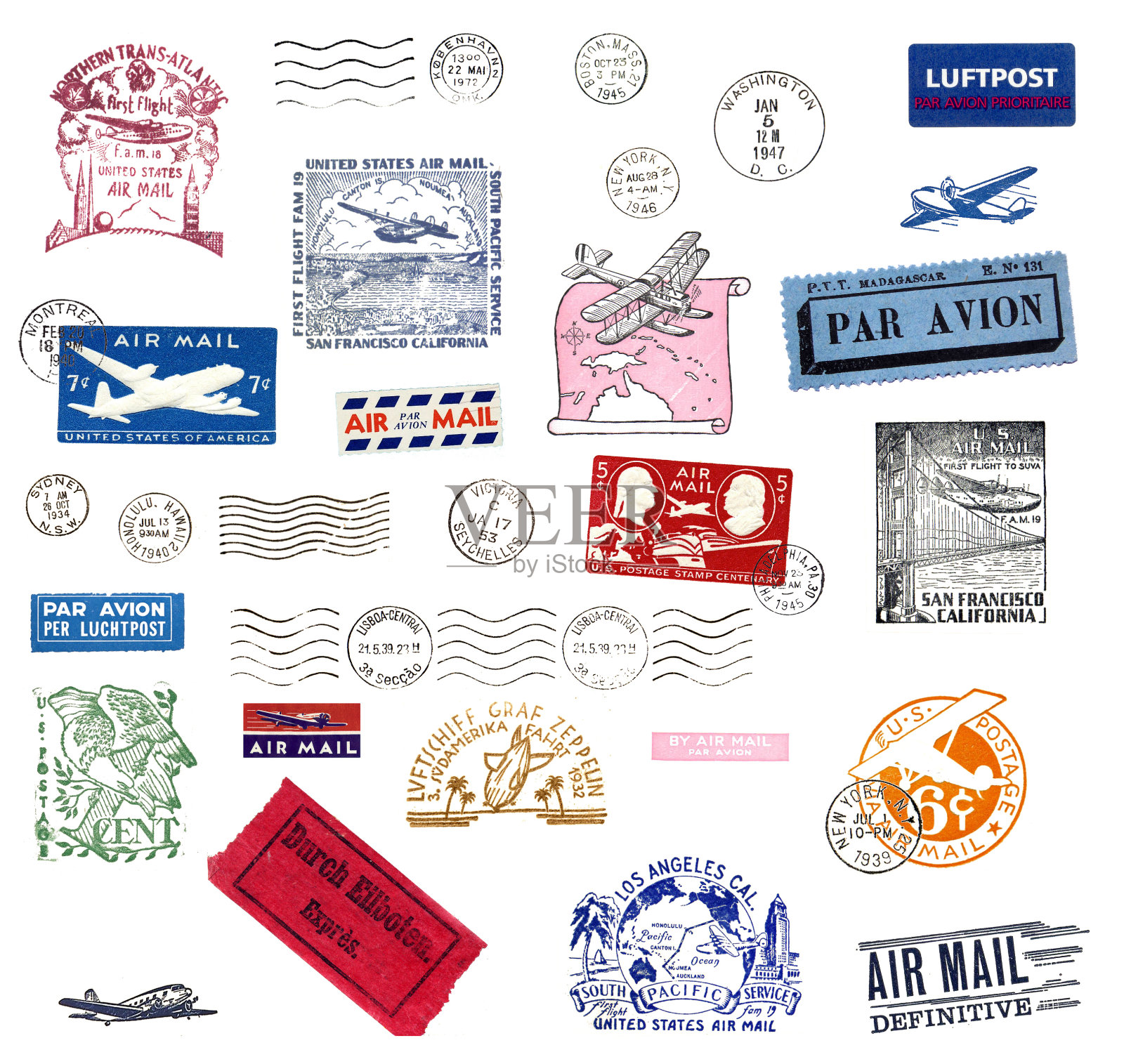 老式的航空标签和邮票照片摄影图片