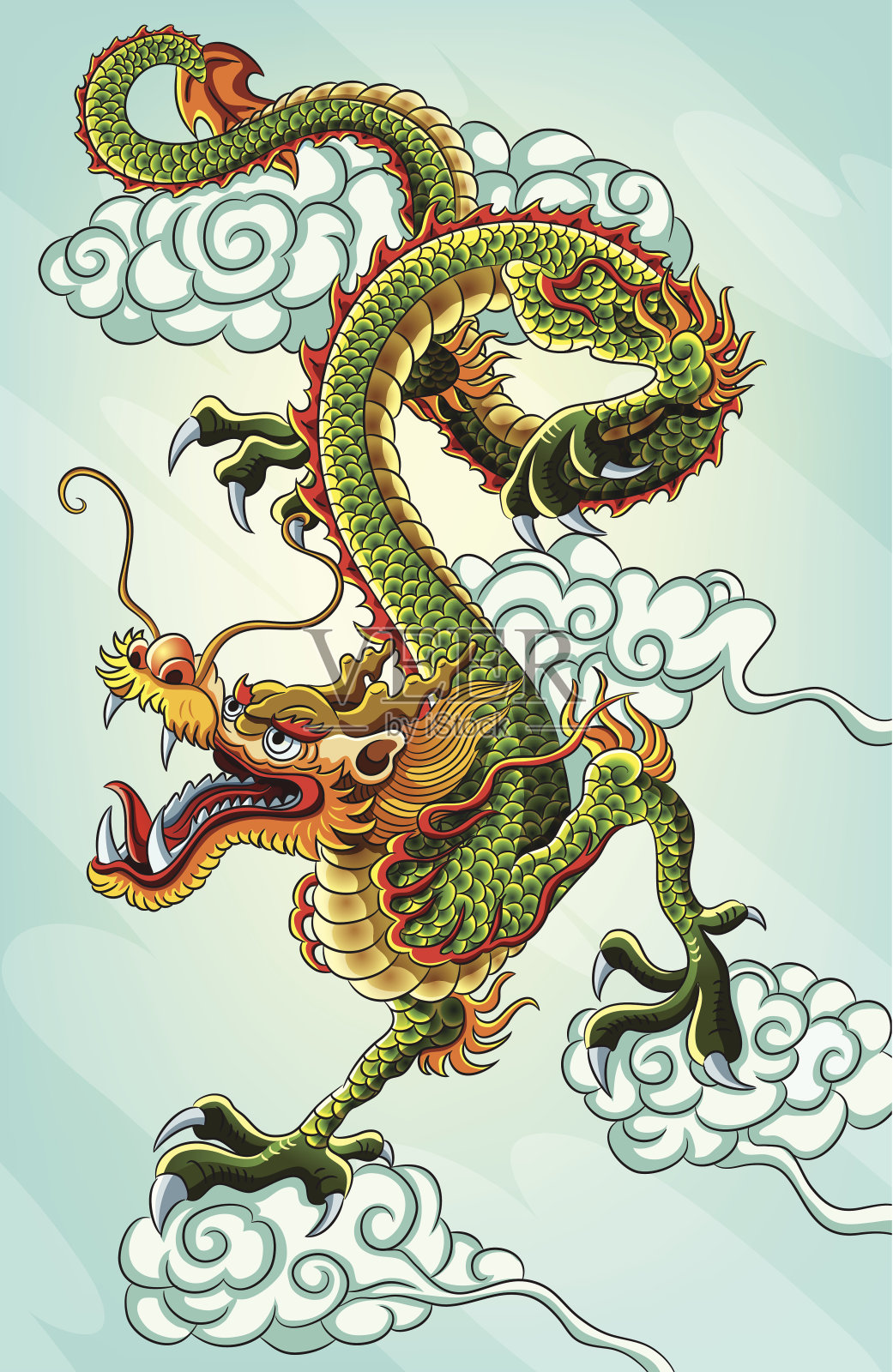 一幅绿色的中国龙画插画图片素材