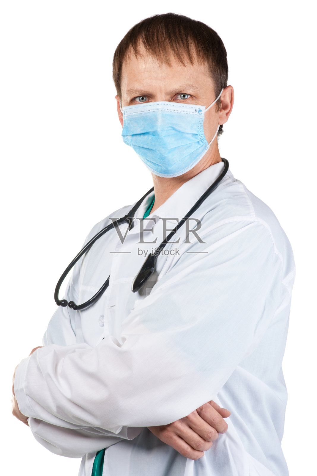 医生与外科口罩和听诊器照片摄影图片