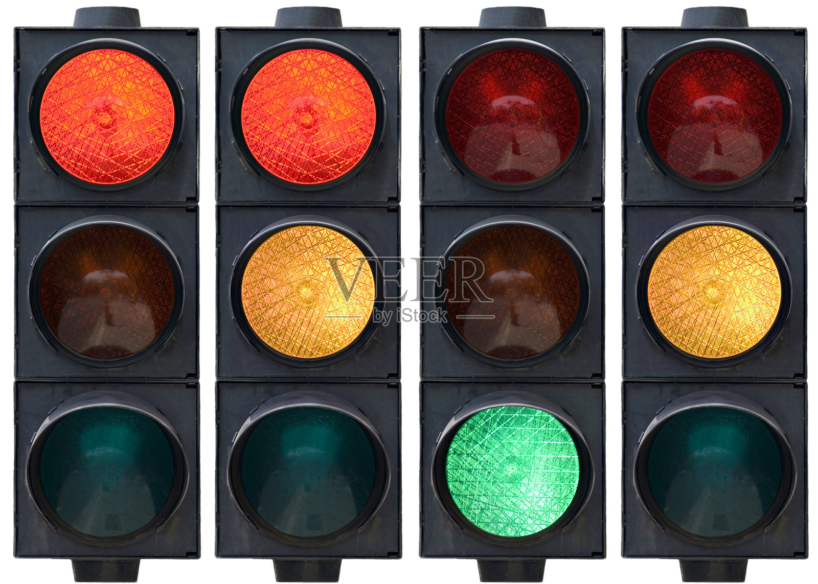 交通灯排成一行，红、黄、绿三色都亮着照片摄影图片