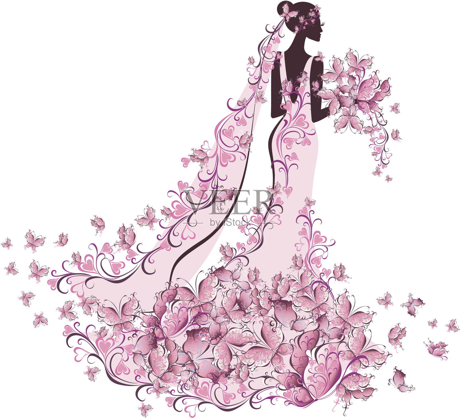 新娘穿着粉红色的礼服，后面有粉红色的蝴蝶插画图片素材
