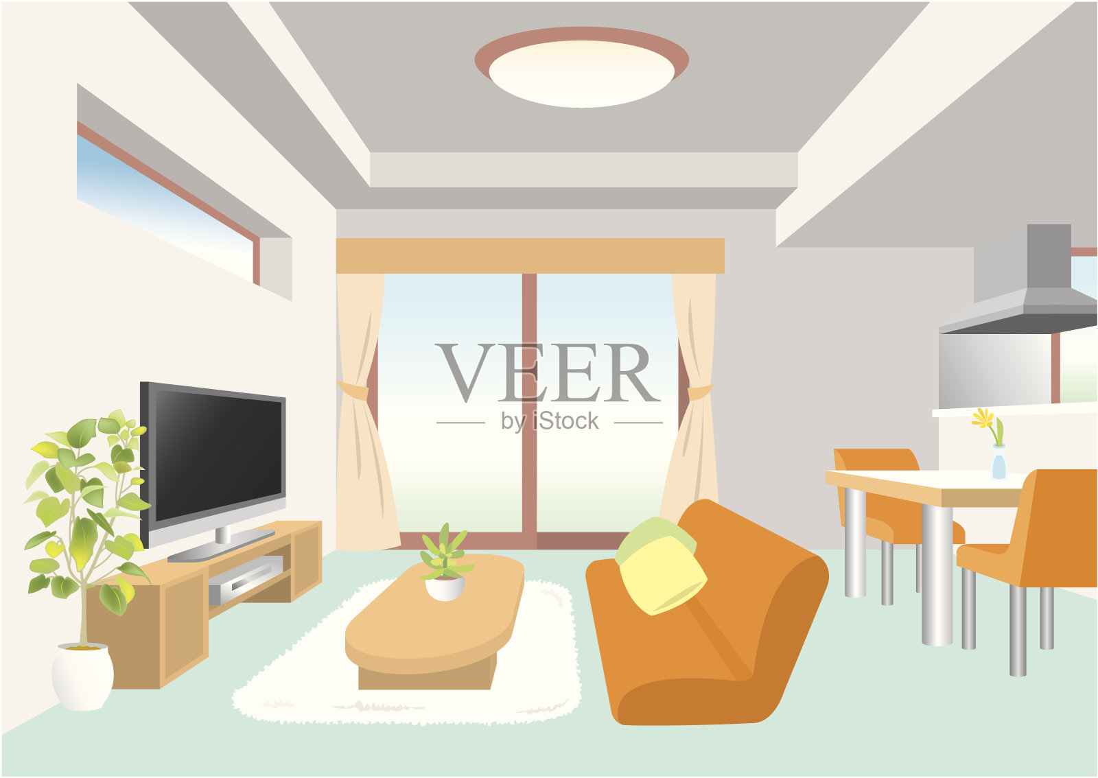 平面插图的开放式概念客厅和厨房插画图片素材