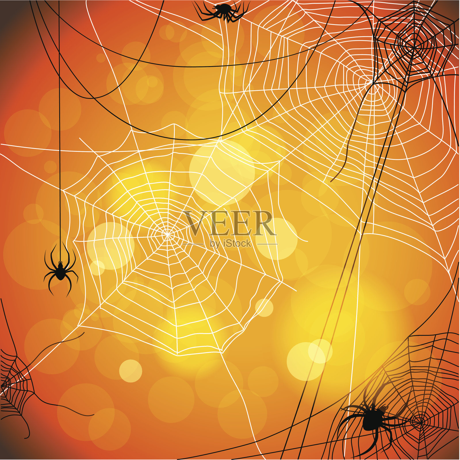 橙色万圣节背景与蜘蛛和蜘蛛网插画图片素材