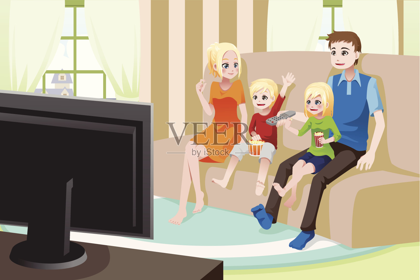 插图:一家人坐在沙发上看电视插画图片素材