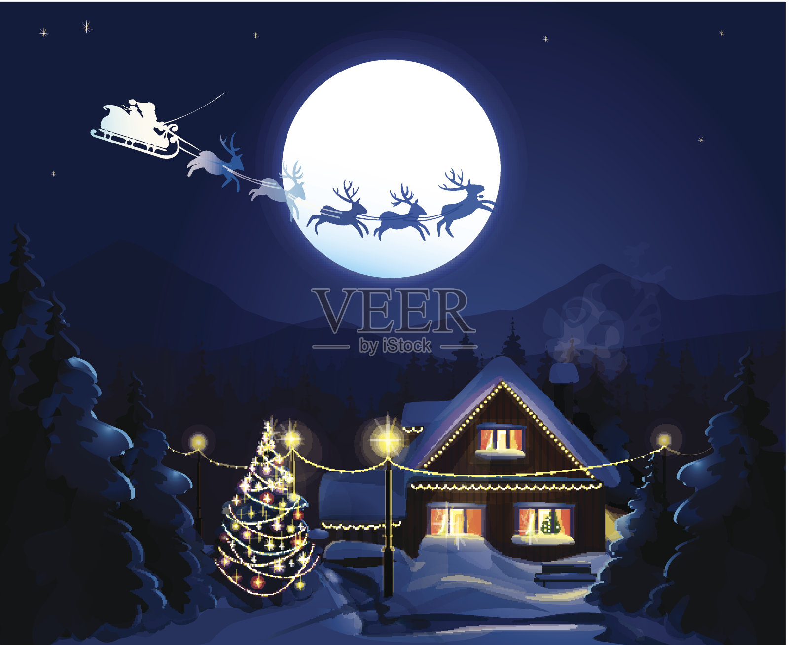 冬季场景向量，圣诞老人的雪橇。插画图片素材