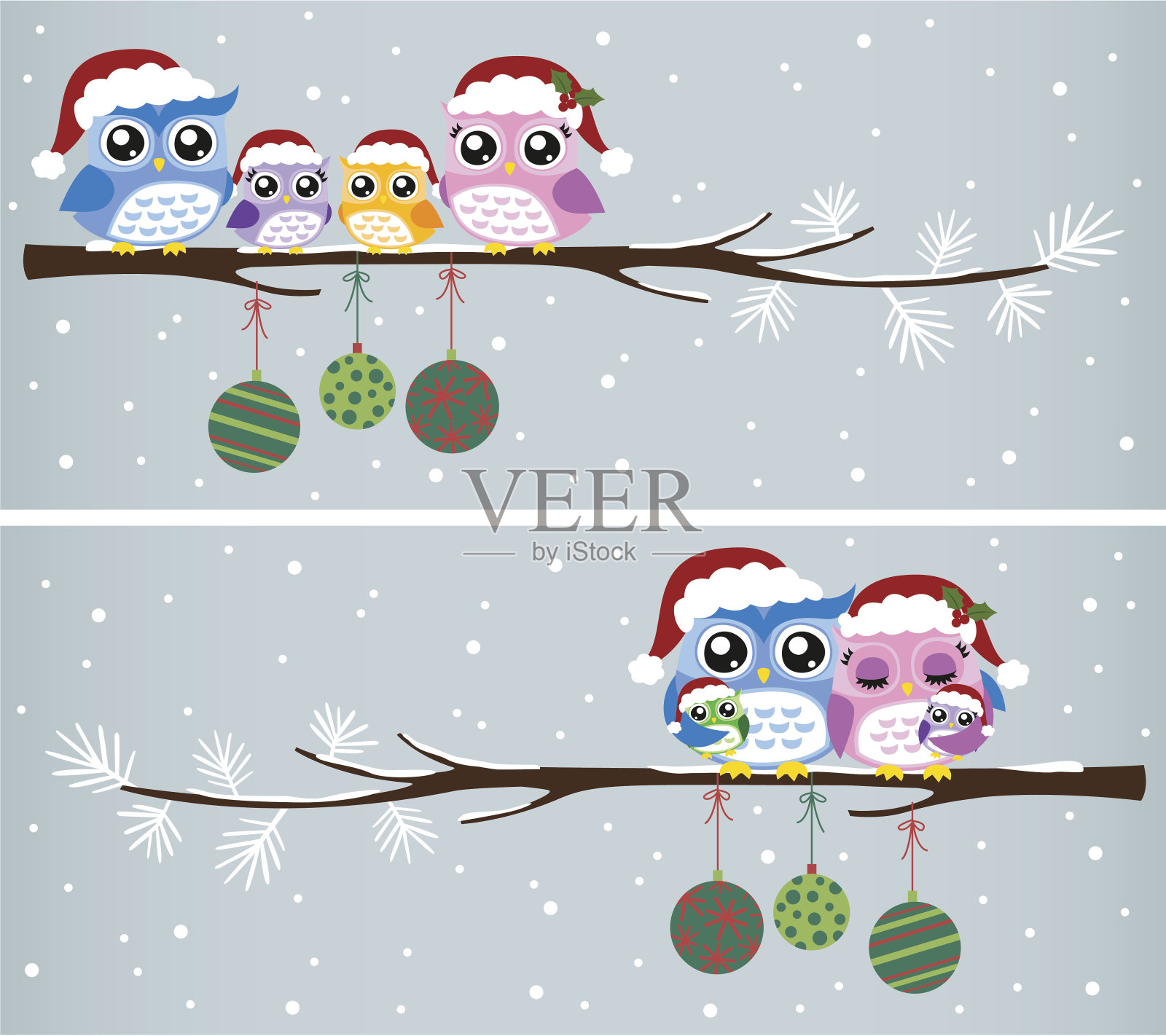 猫头鹰家庭圣诞庆祝活动插画图片素材