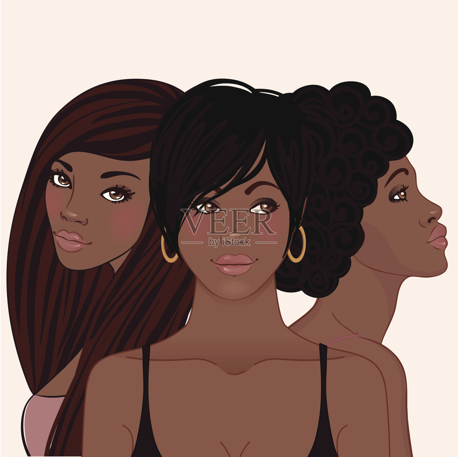 三个年轻漂亮的非洲裔美国女人插画图片素材