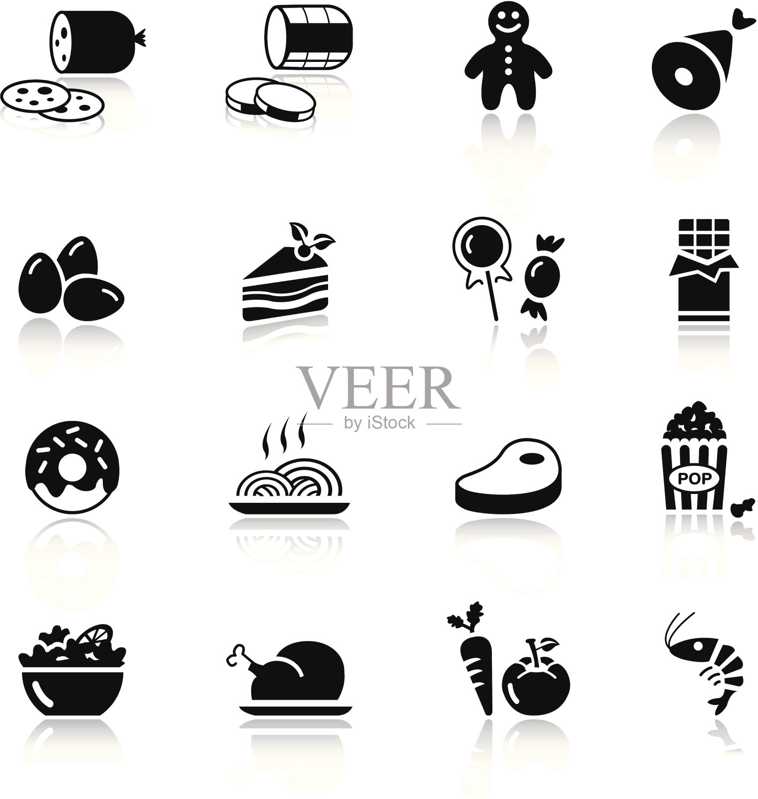 白色背景上的黑色和白色食物图标图标素材