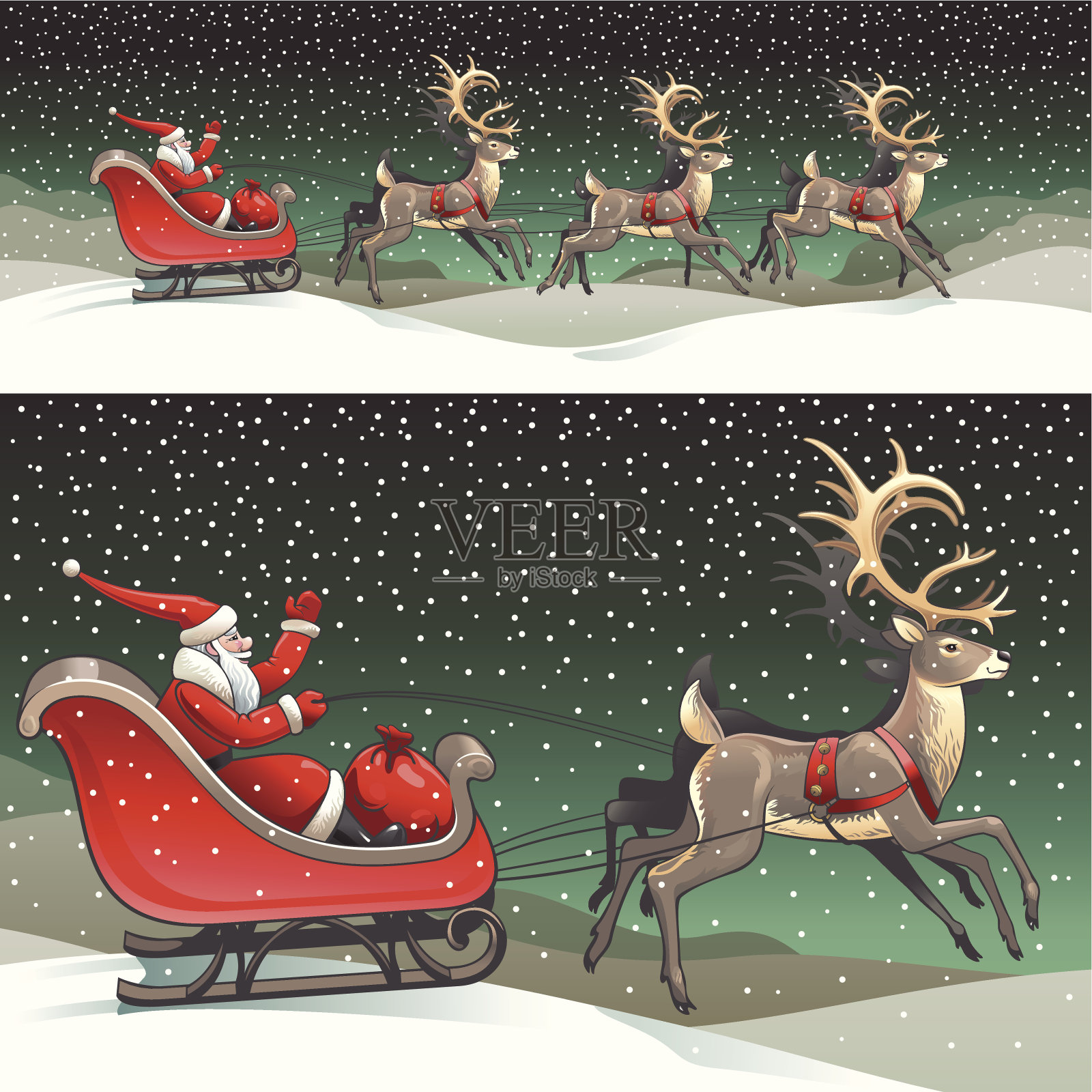 圣诞老人和驯鹿在雪橇上的插图插画图片素材