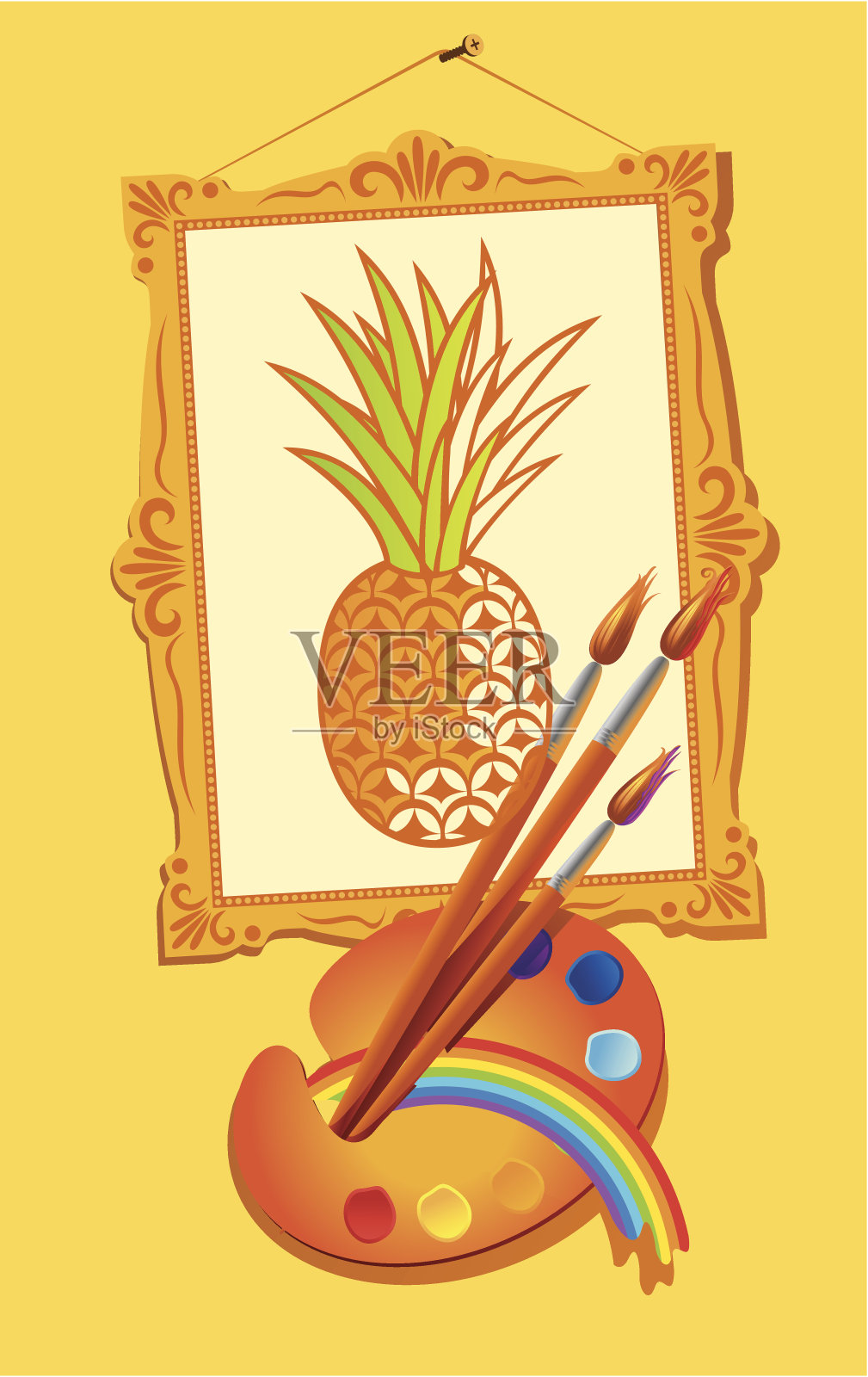 菠萝与画笔和调色板插画图片素材