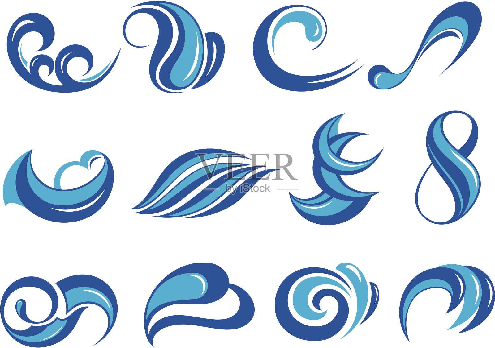 一组蓝色波浪和水上图标设计元素图片