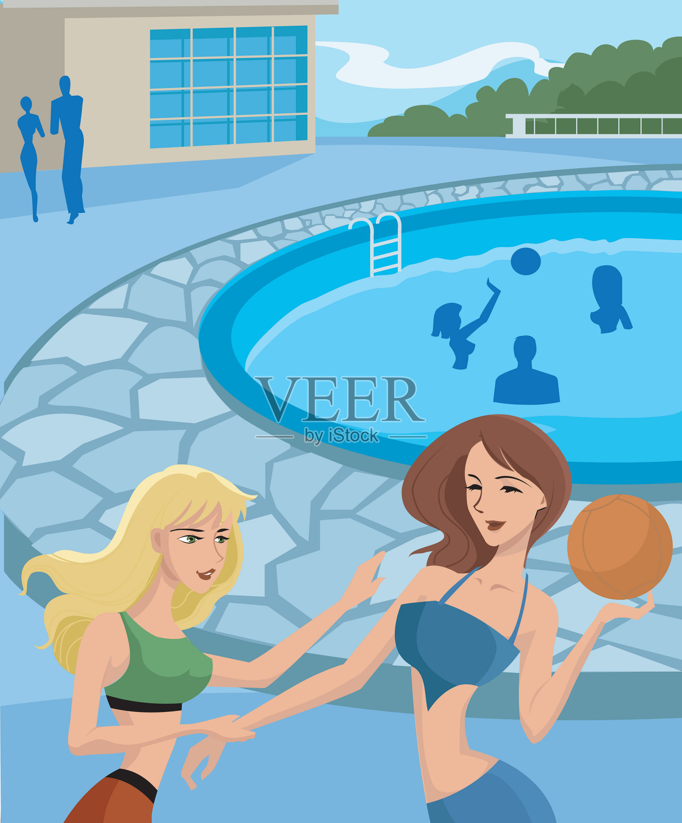 在泳池边玩的女人插画图片素材