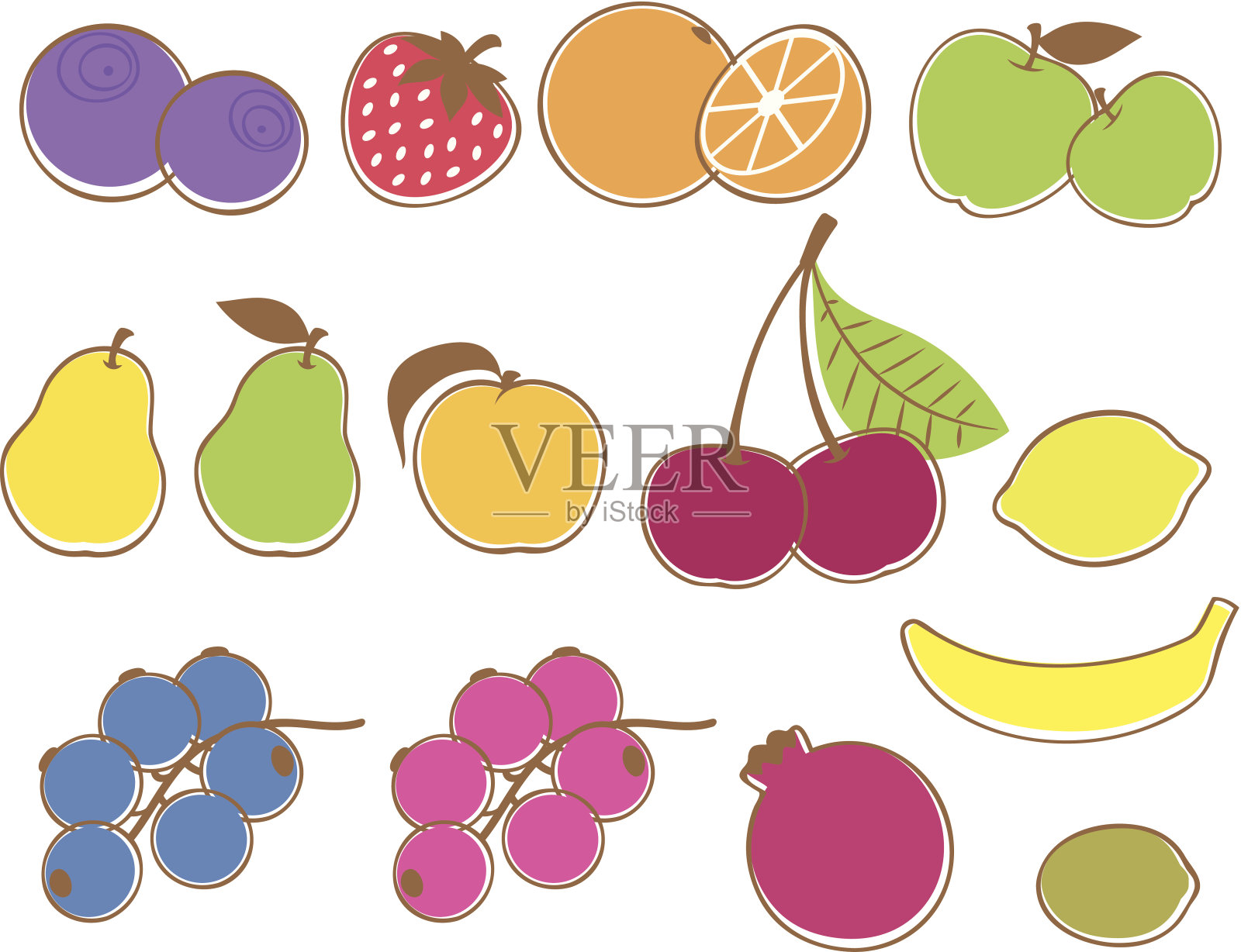 套水果和浆果在简化的平面风格。插画图片素材