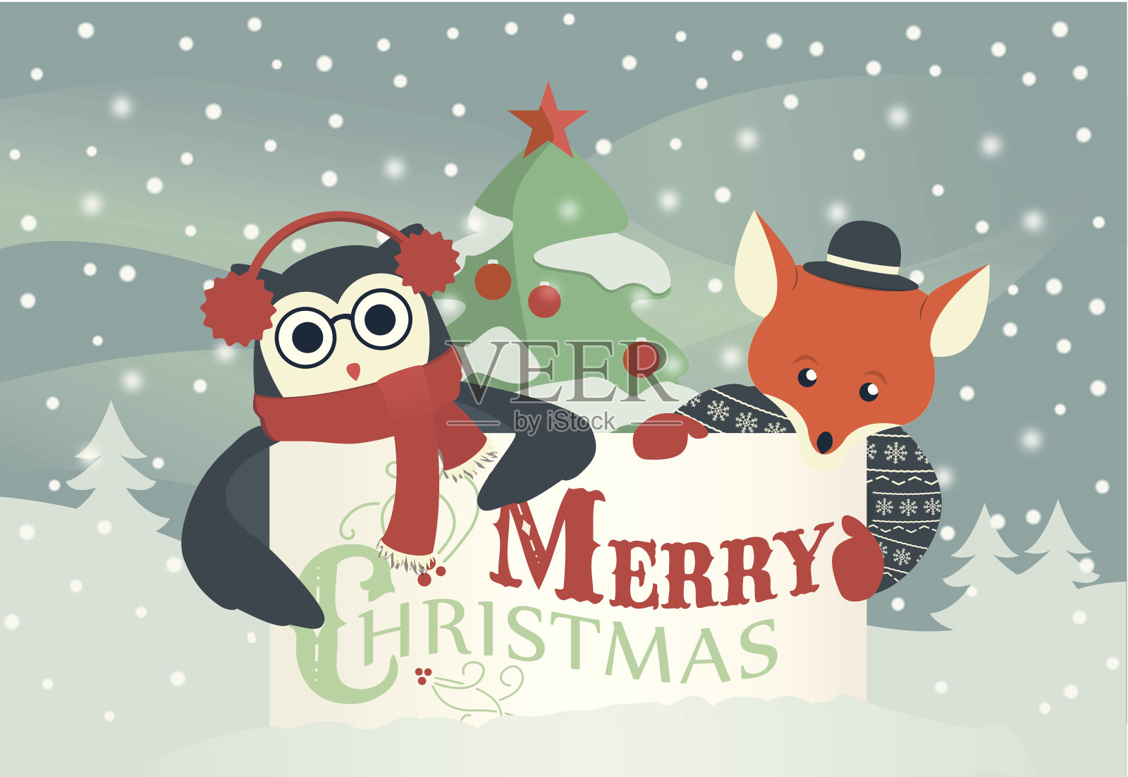 圣诞贺卡|猫头鹰和狐狸与旗帜插画图片素材