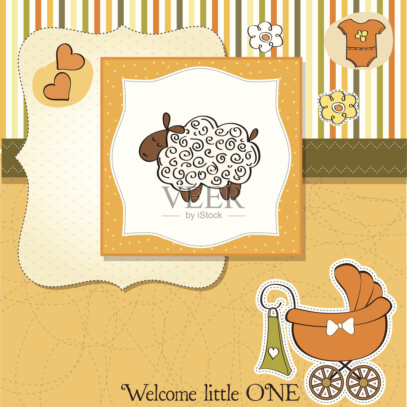 可爱的婴儿沐浴卡与绵羊插画图片素材