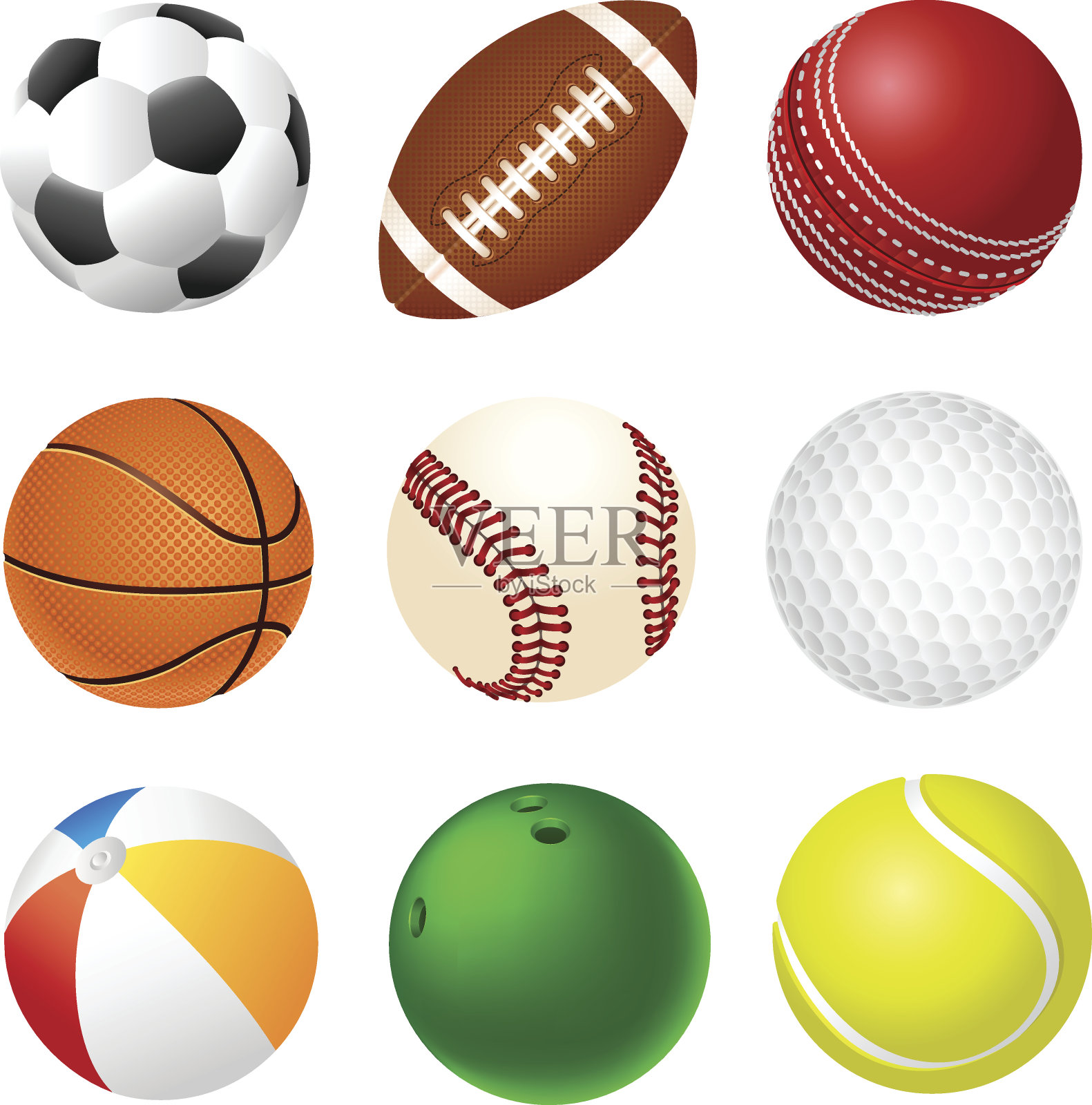 白色背景上一组3x3的不同运动球插画图片素材