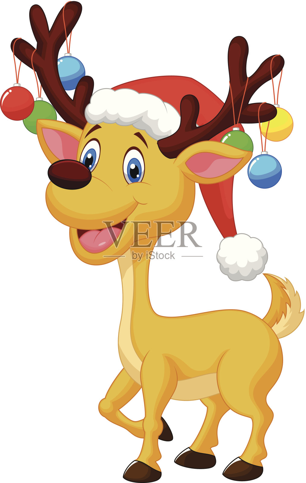 可爱的小鹿卡通与红帽子和圣诞球插画图片素材