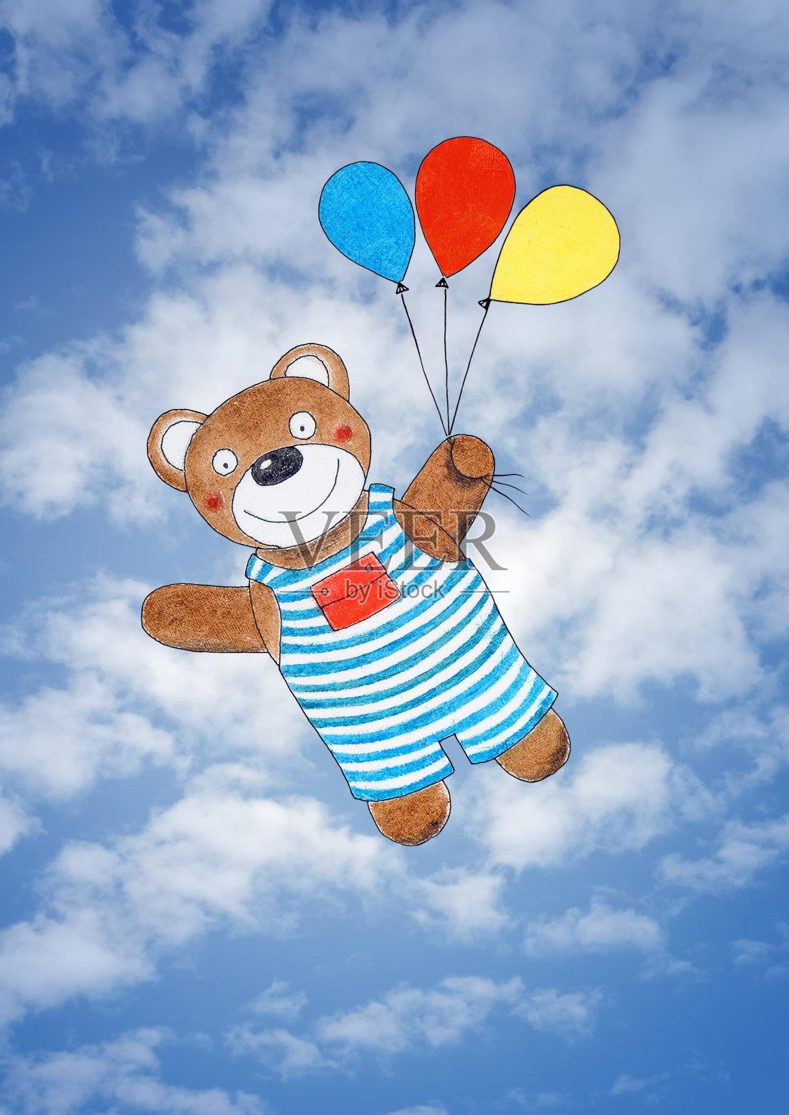 快乐的泰迪熊，孩子的画，水彩画在天空设计元素图片