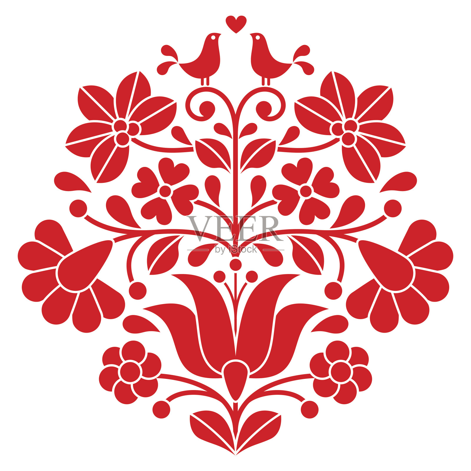 卡洛塞红刺绣-匈牙利花卉民间图案与鸟插画图片素材