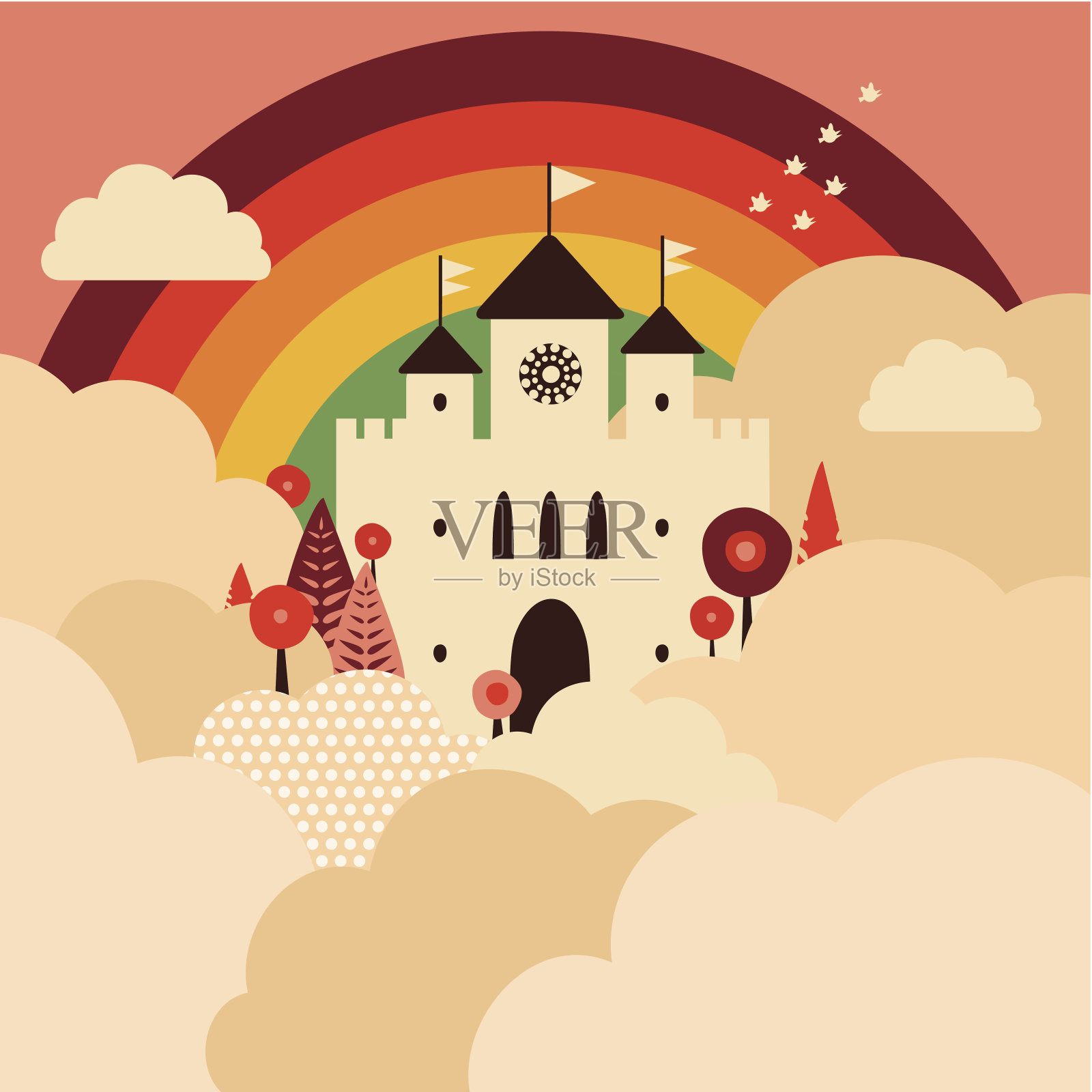 城堡，彩虹和粉红色的云彩插画图片素材