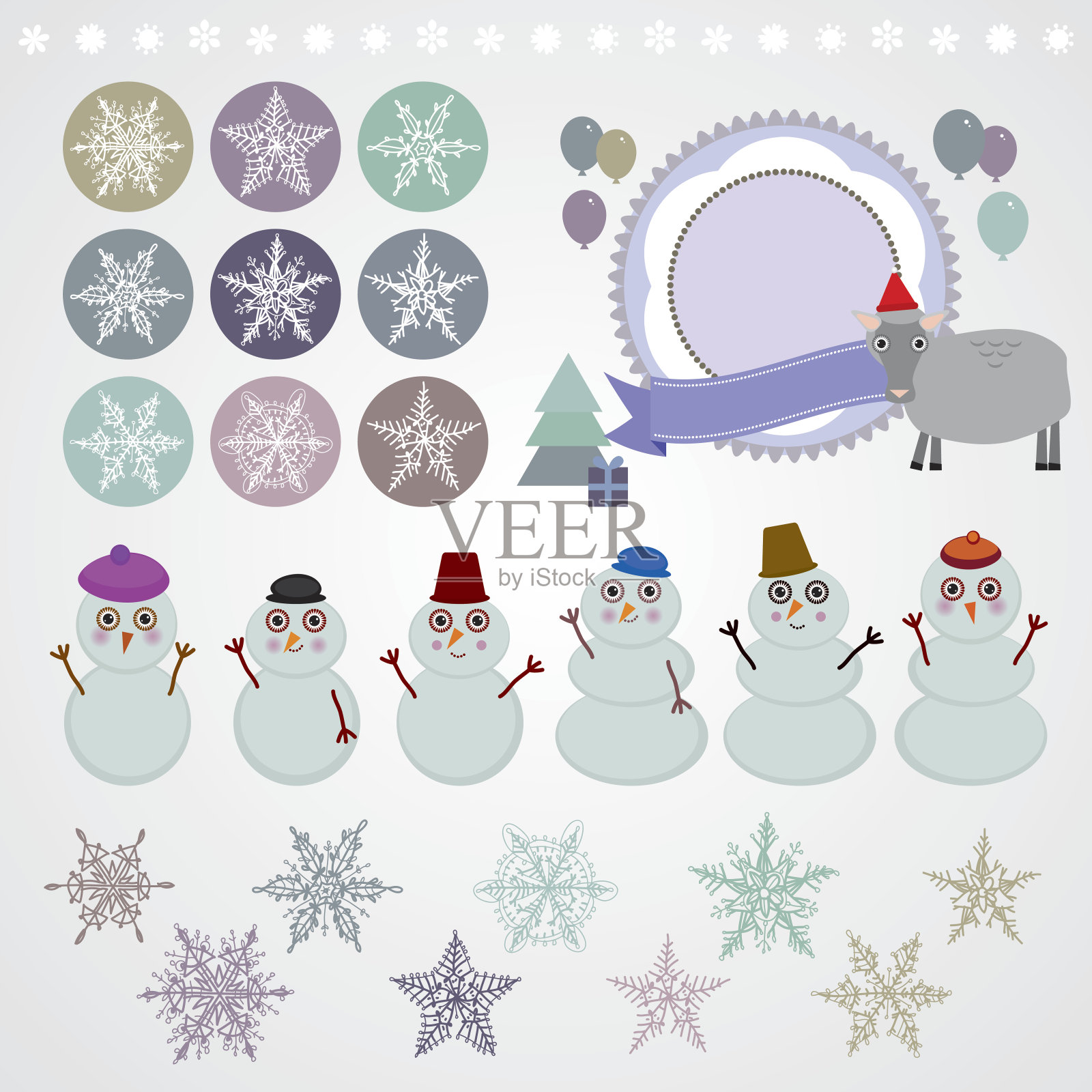 字集新年雪花、雪人、绵羊、圣诞树、礼物。插画图片素材