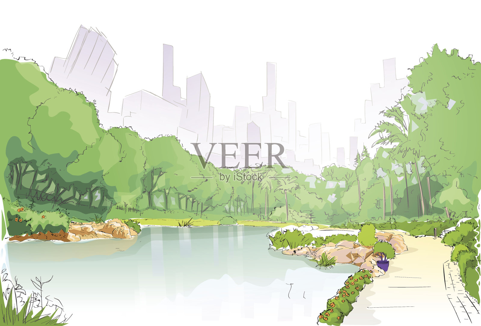 绿色公园在城市中心池塘树木和道路路径插画图片素材