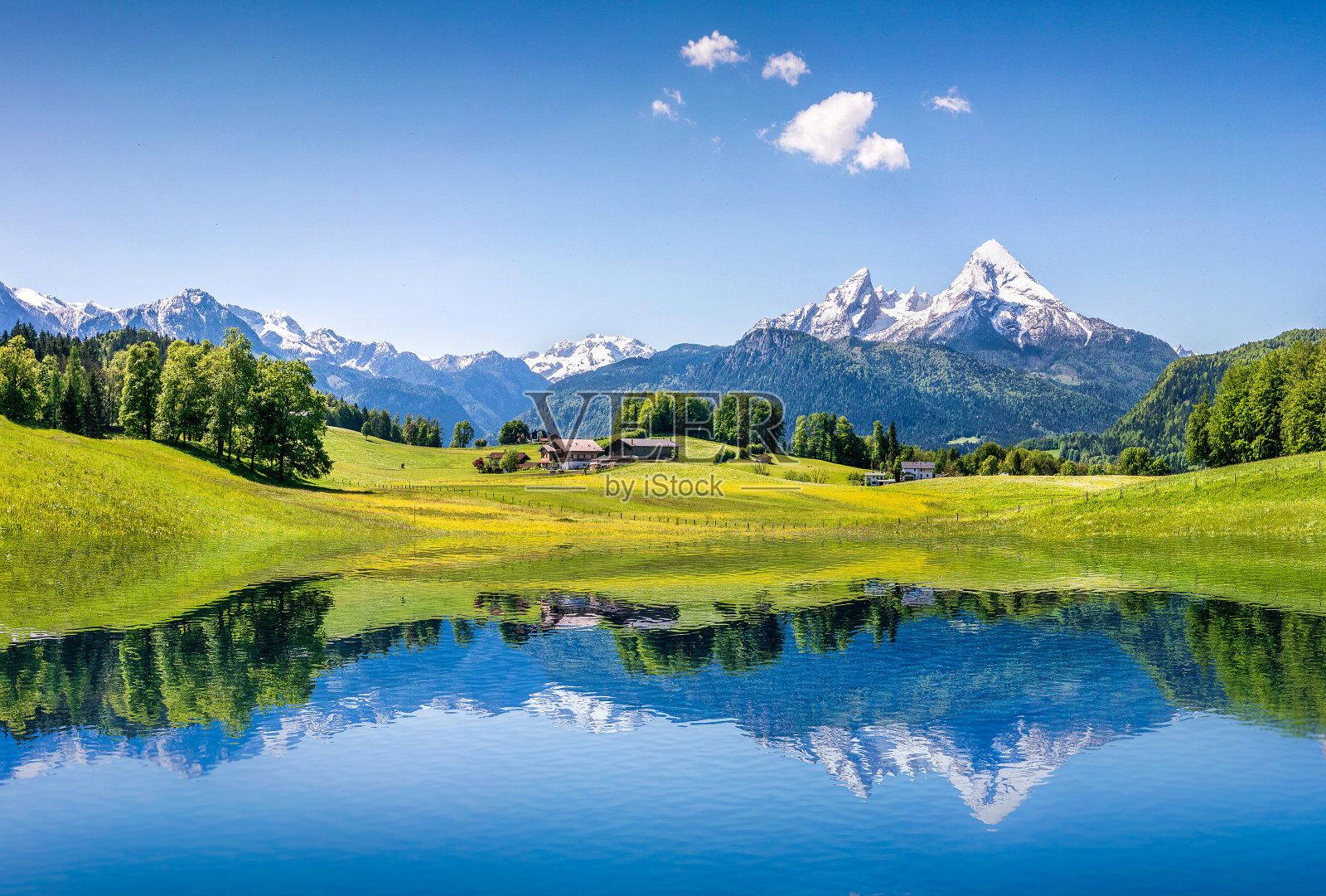 在阿尔卑斯山的山湖田园般的夏季景观照片摄影图片