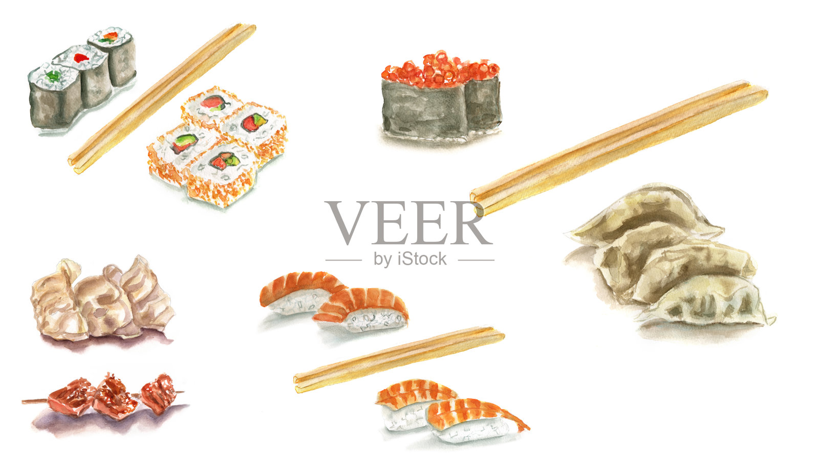 水彩寿司，白底筷子(孤立)插画图片素材