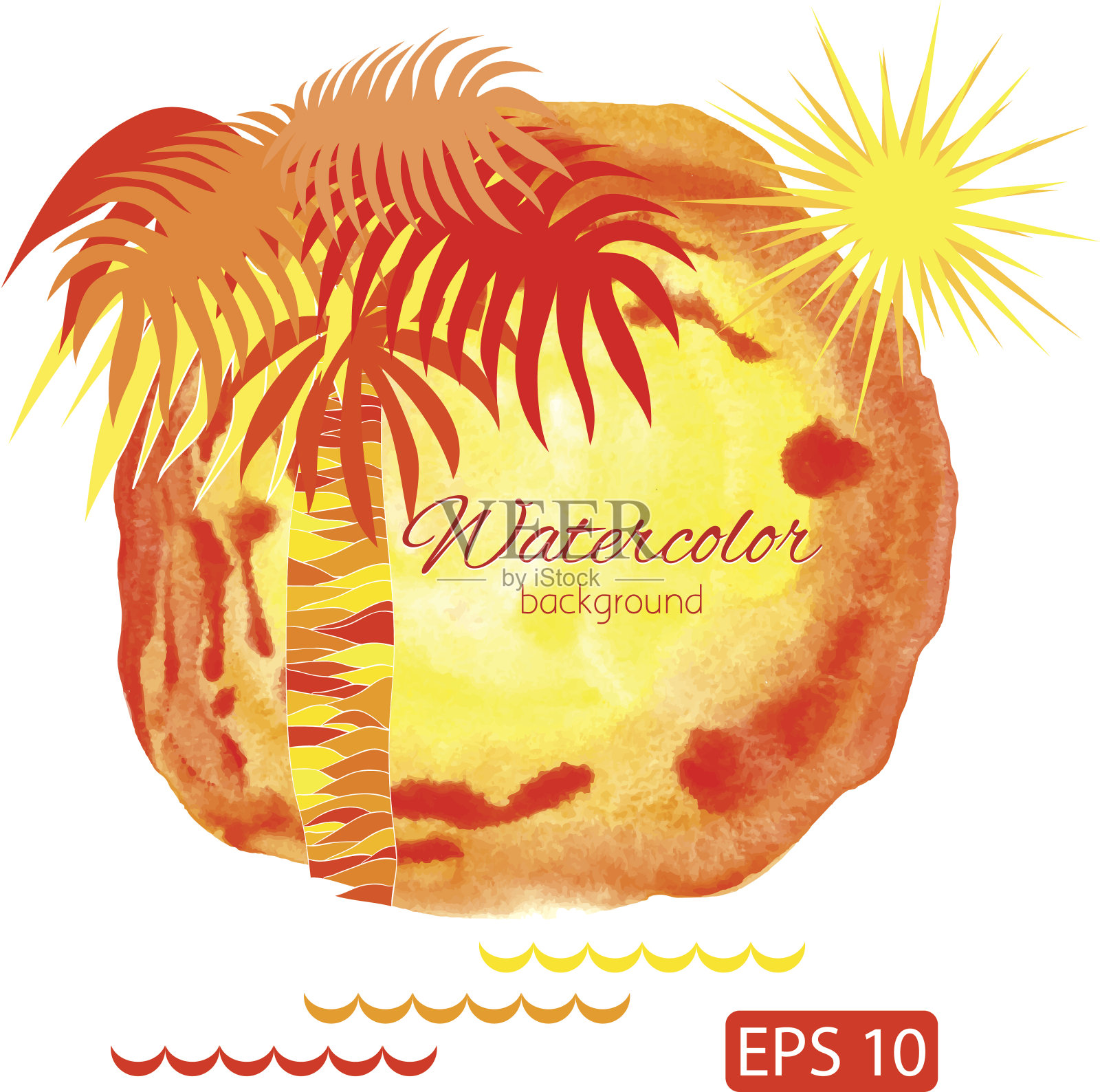 夏季橙色水彩背景与棕榈树和太阳插画图片素材