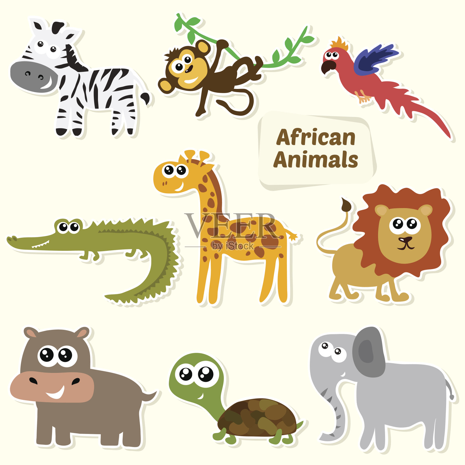 一群丛林动物。可爱的卡通非洲动物插画图片素材