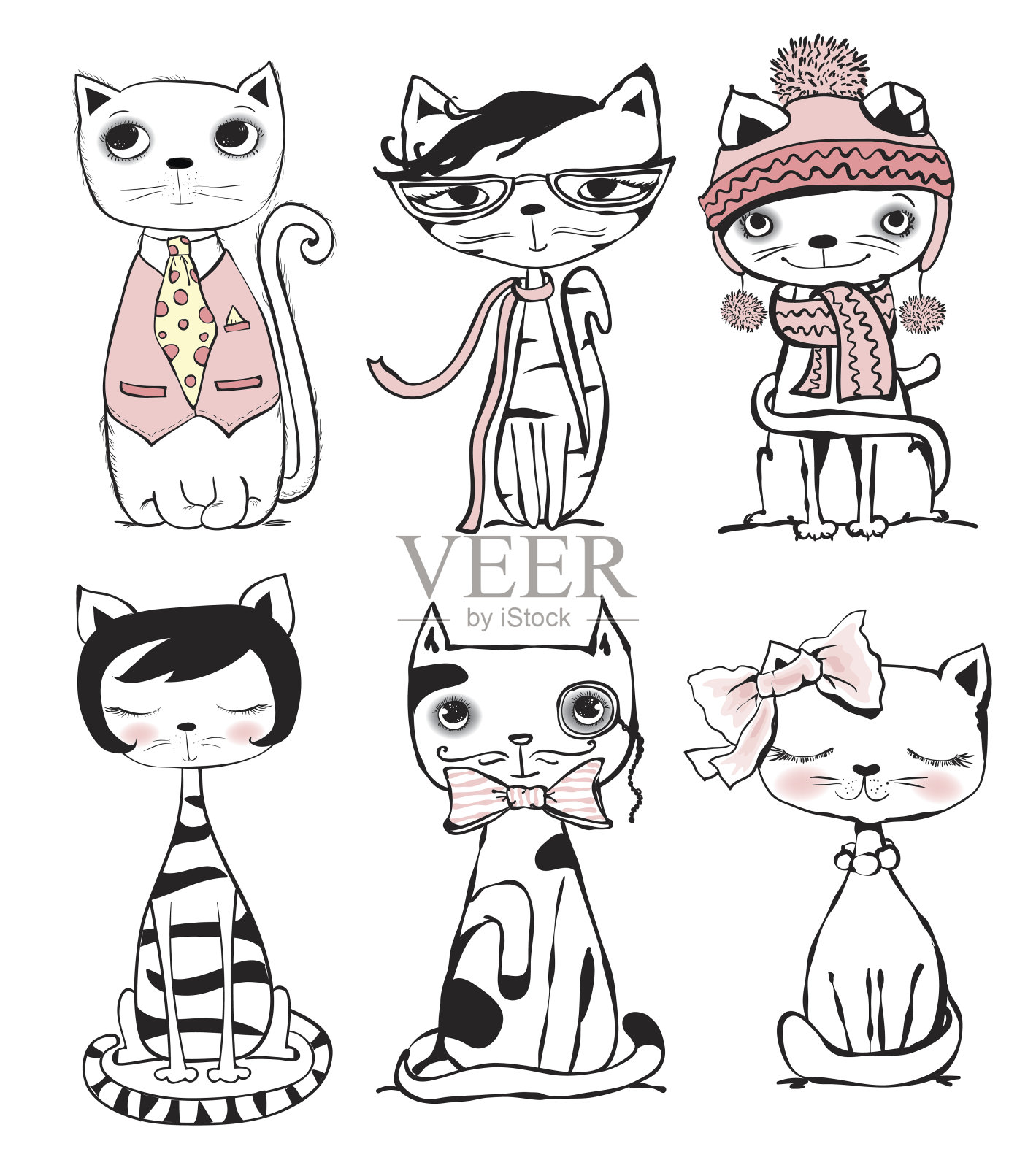 时尚六只猫插画图片素材
