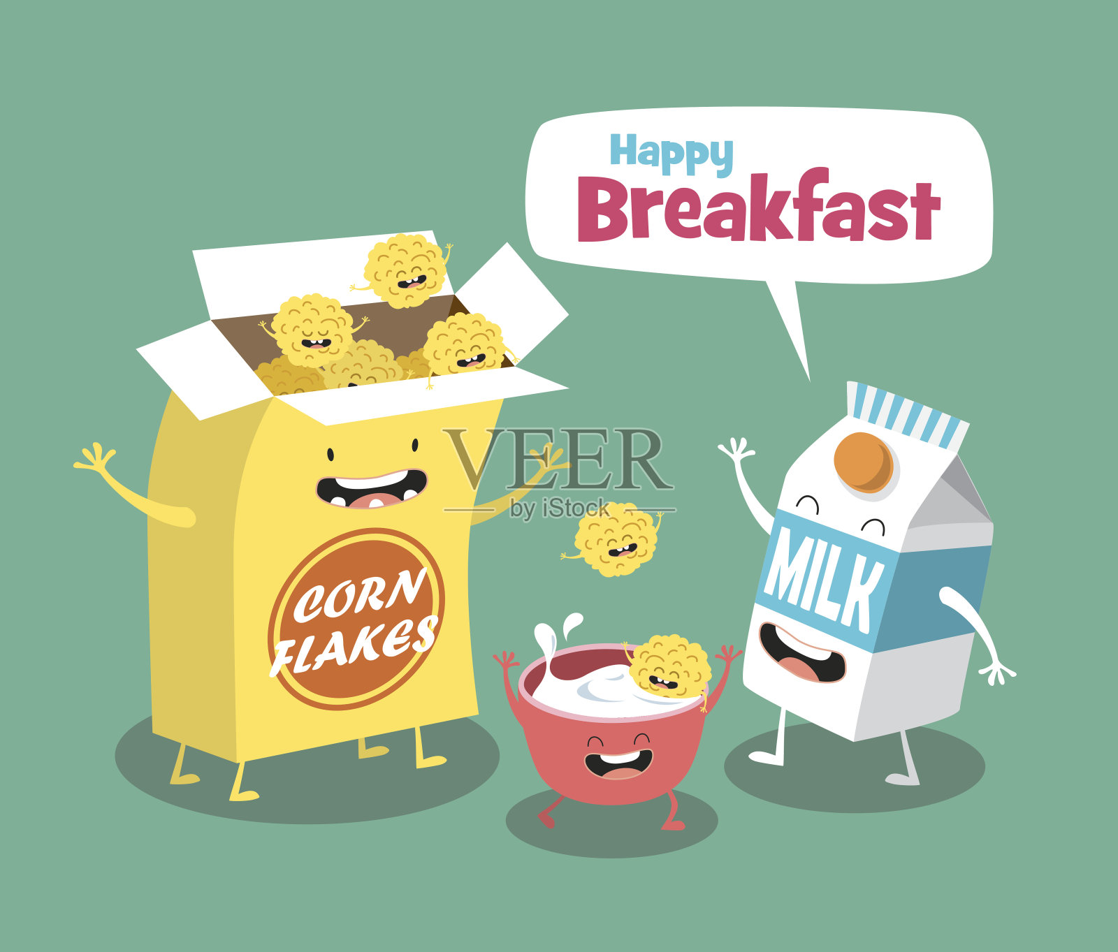 有趣的早餐。牛奶和玉米片。漫画人物插画图片素材