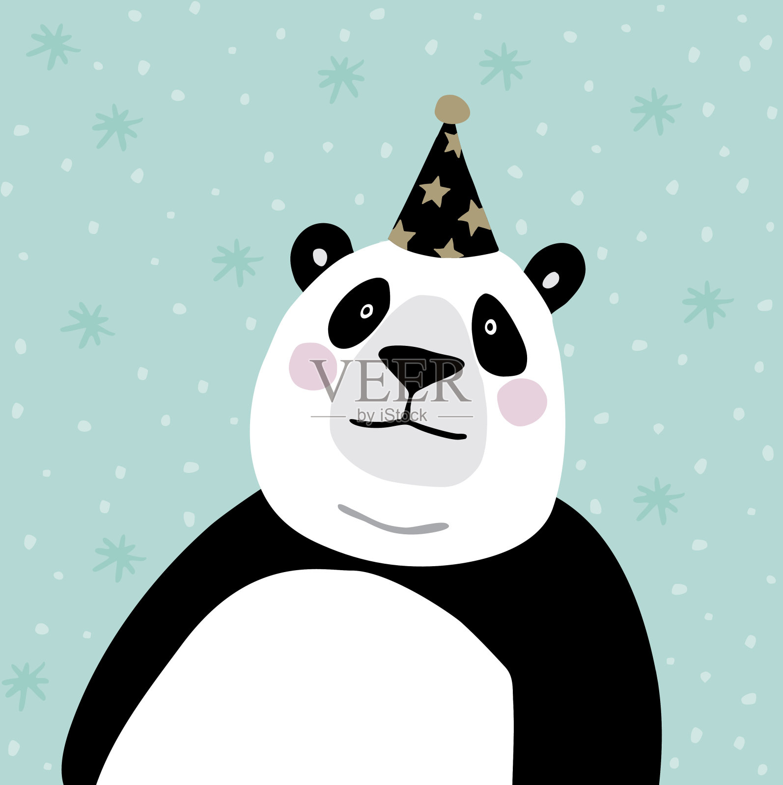 可爱的大熊猫熊与派对帽子。儿童海报或生日贺卡，矢量插图背景。插画图片素材