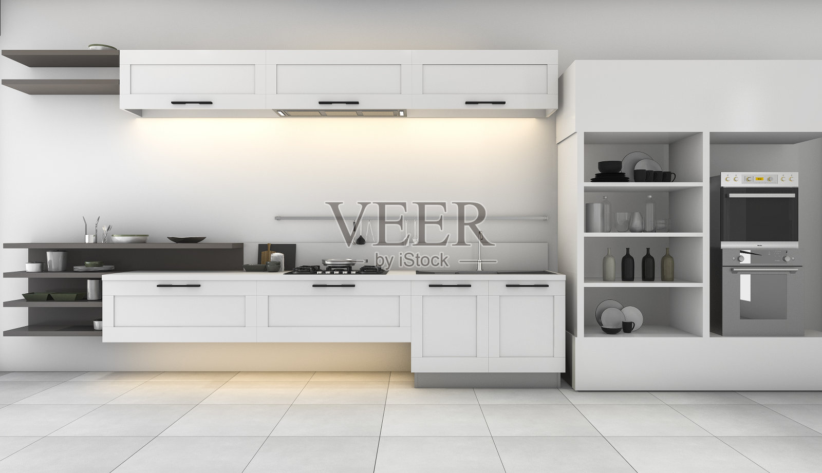 3d渲染白色厨房与漂亮的设计内置照片摄影图片