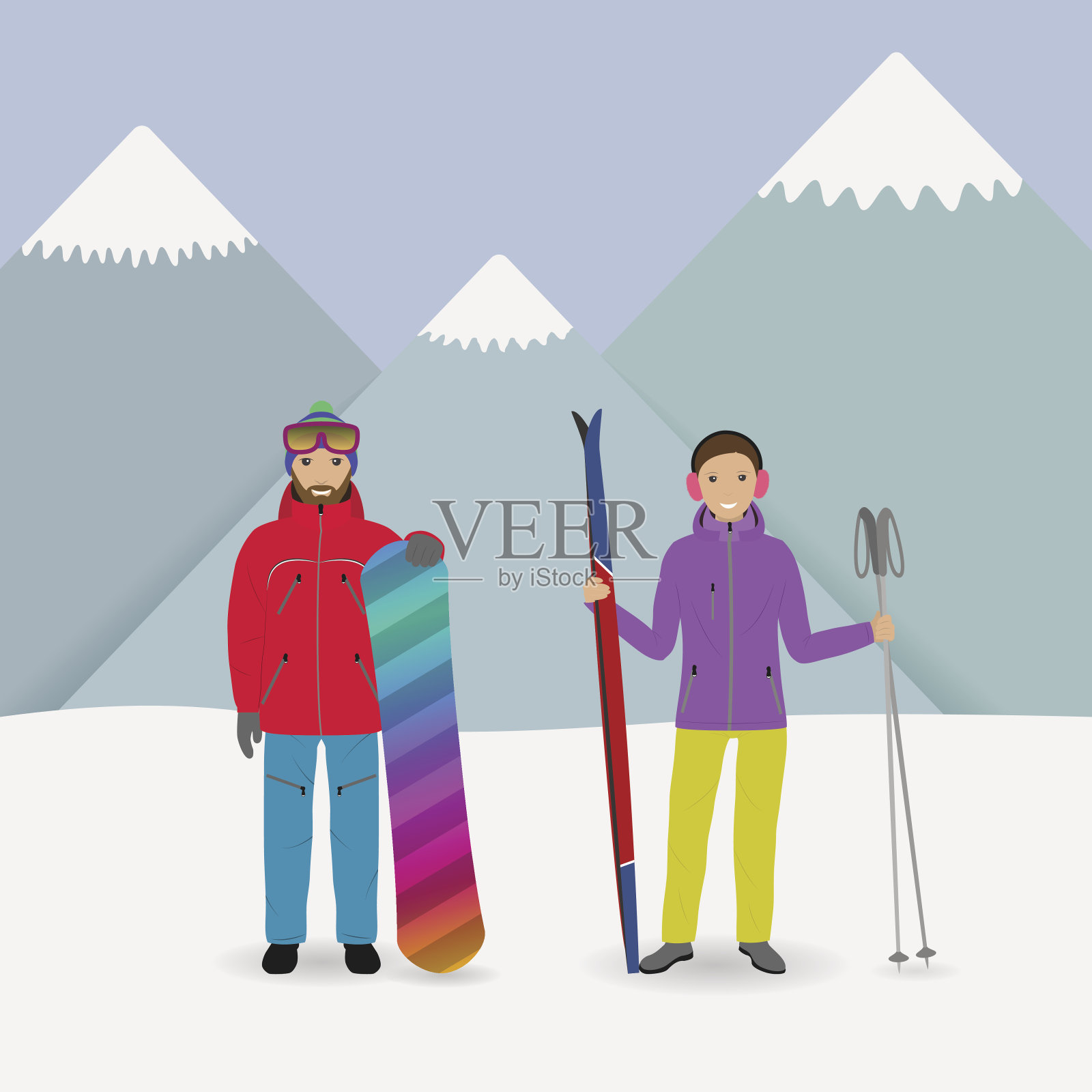 冬季运动的人。一个男人带着滑雪板，一个女人带着滑雪板站在山上。插画图片素材