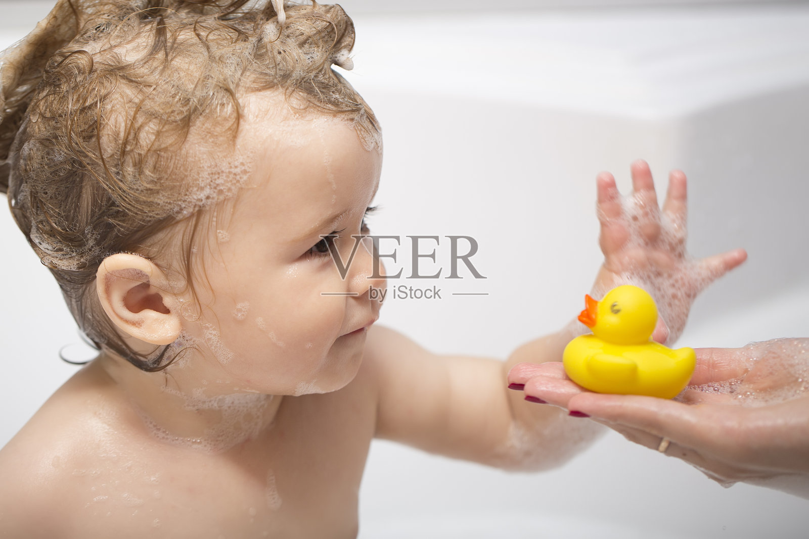小男孩和鸭子在洗澡照片摄影图片