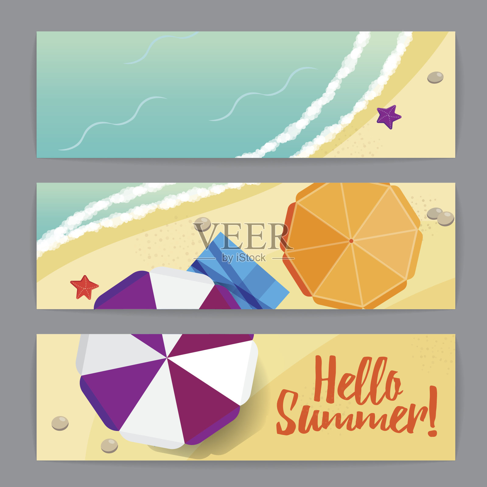 沙滩、大海、雨伞、海星的旗帜插画图片素材