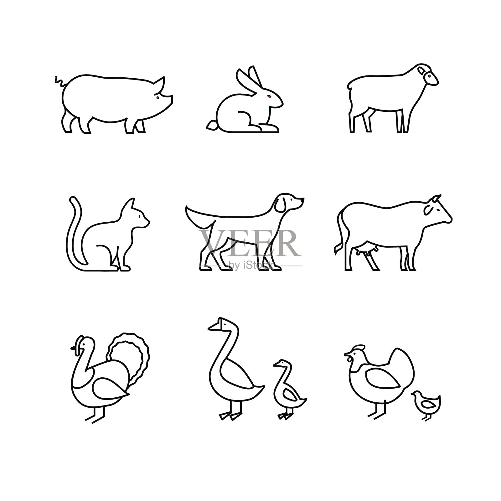 家畜和农场动物细线艺术图标集图标素材
