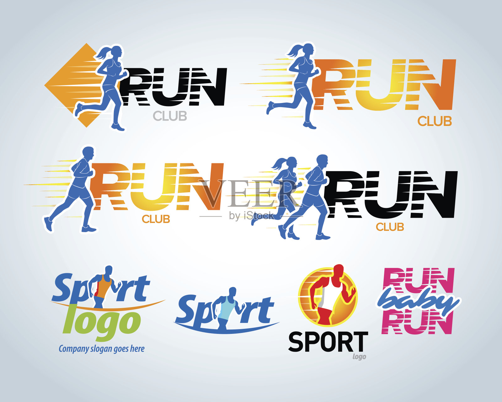 运动跑步俱乐部矢量标签和标志或徽章。插画图片素材