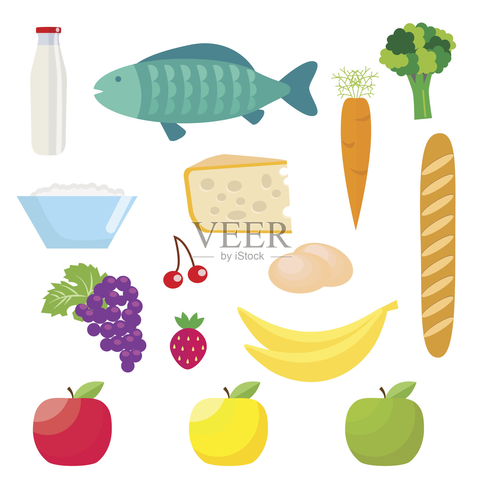 成套健康食品。鱼和乳制品，水果和蔬菜，奶酪和鸡蛋，酸奶油，香蕉，苹果，葡萄和草莓。矢量，插图孤立在白色背景上。设计元素图片