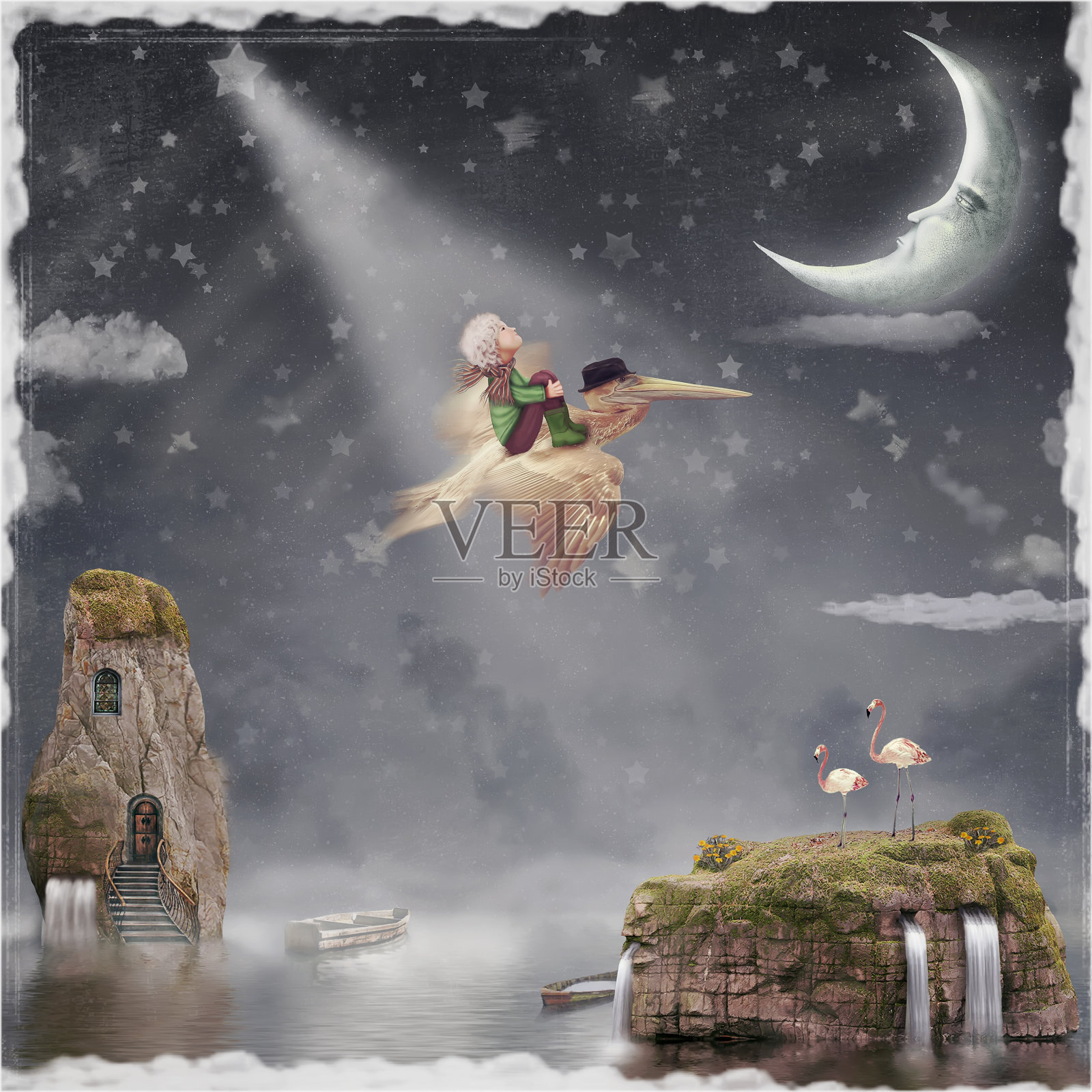孩子和鹈鹕在夜空中飞翔插画图片素材
