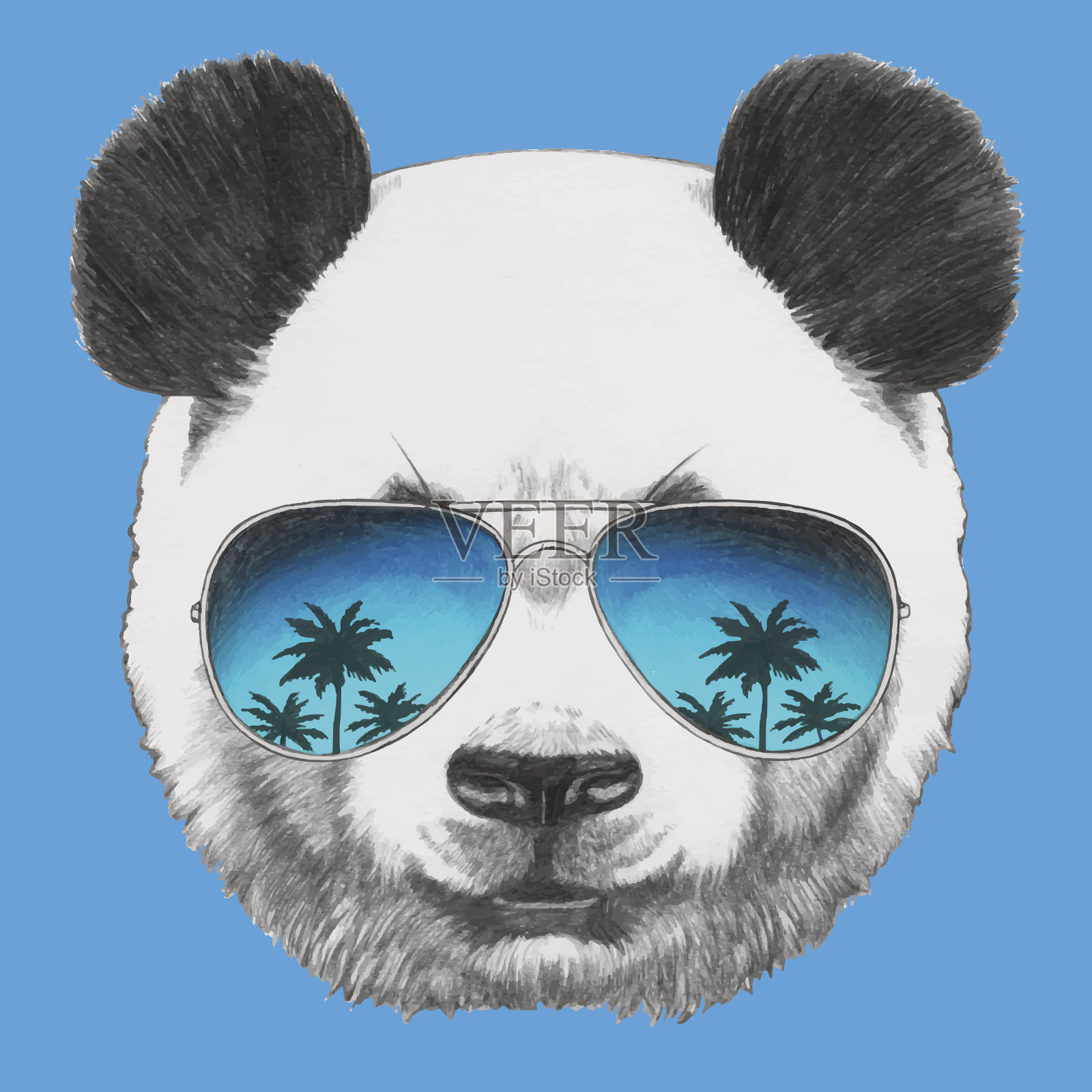 戴着镜子太阳镜的熊猫肖像。设计元素图片