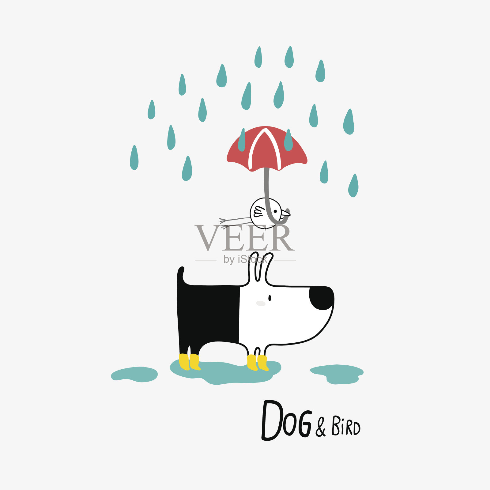 狗和鸟在雨中插画图片素材