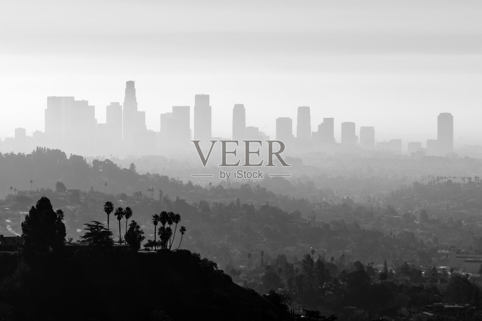 洛杉矶烟雾和雾黑色和白色照片摄影图片
