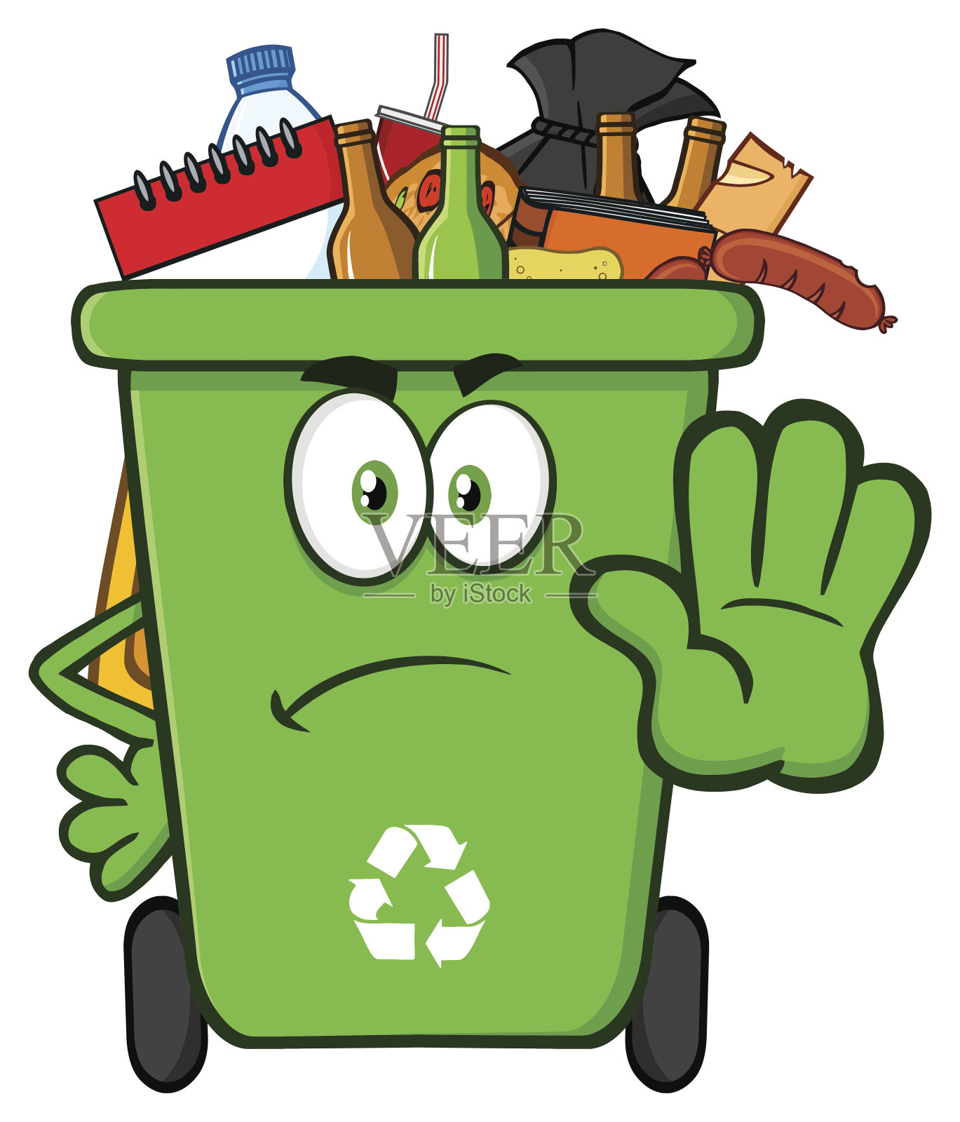 愤怒的绿色回收站卡通吉祥物人物满与垃圾手势停止。插画图片素材