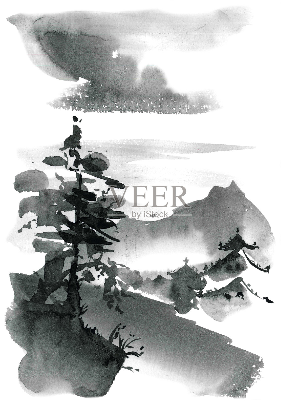 中国山水松树和宝塔插画图片素材