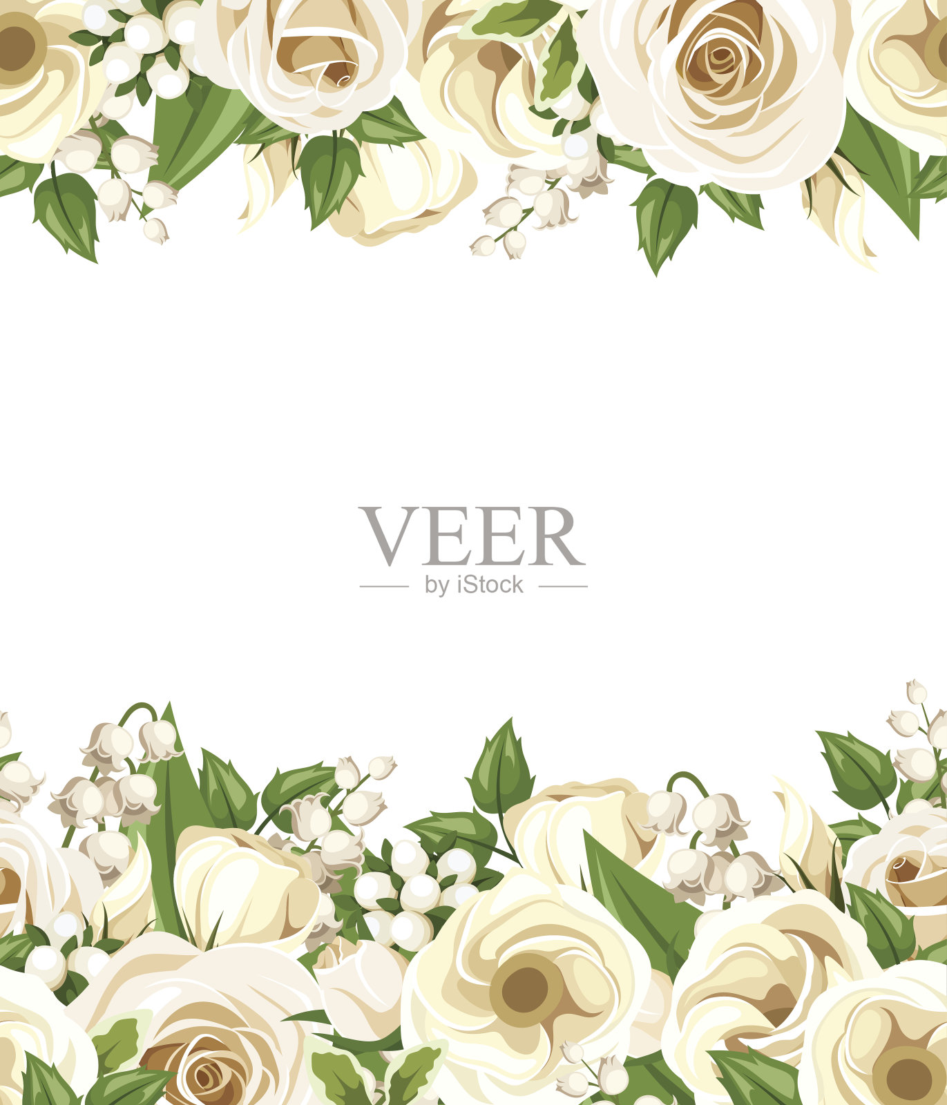 水平无缝背景与白玫瑰，洋桔梗和丁香花。插画图片素材